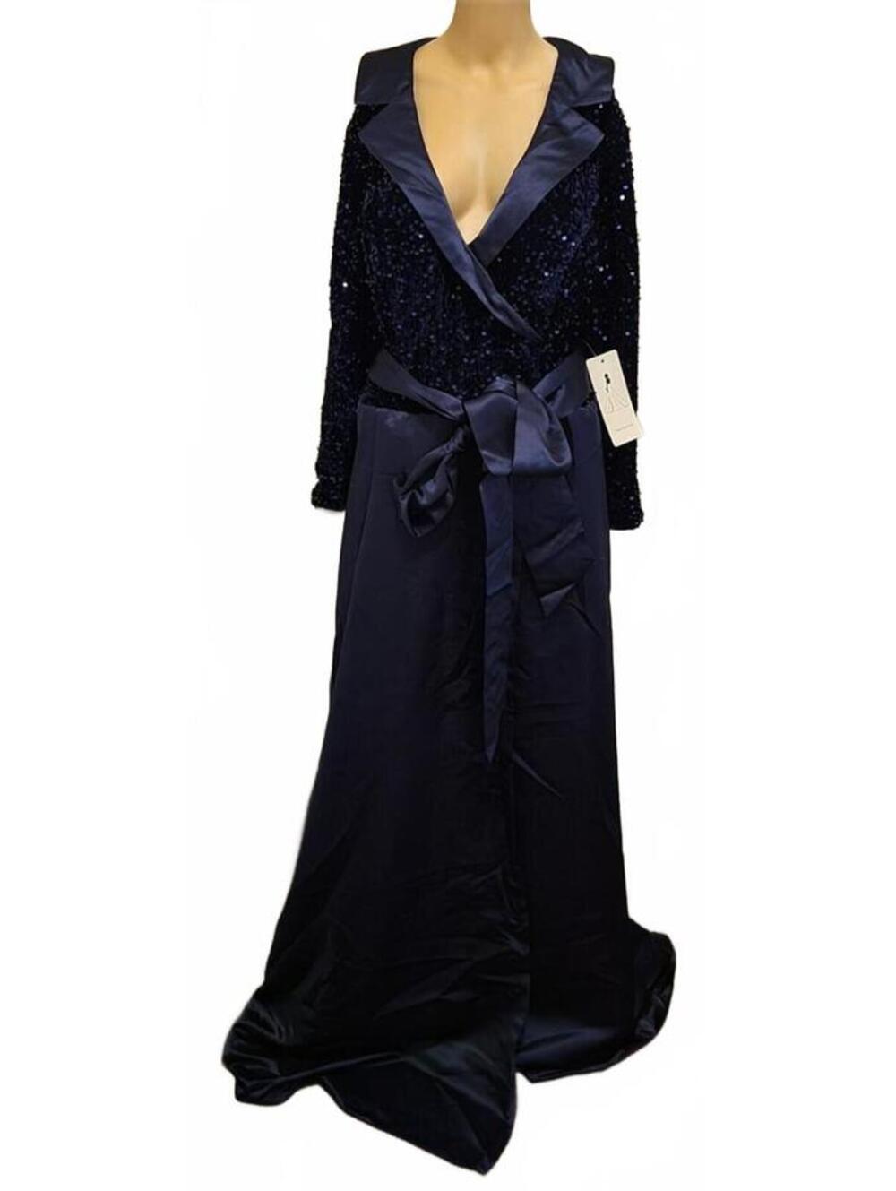 Women's Elegant Navy Blue Sequin Evening Prom wedding Party Gown Plus Slit Dress - Picture 4 of 9